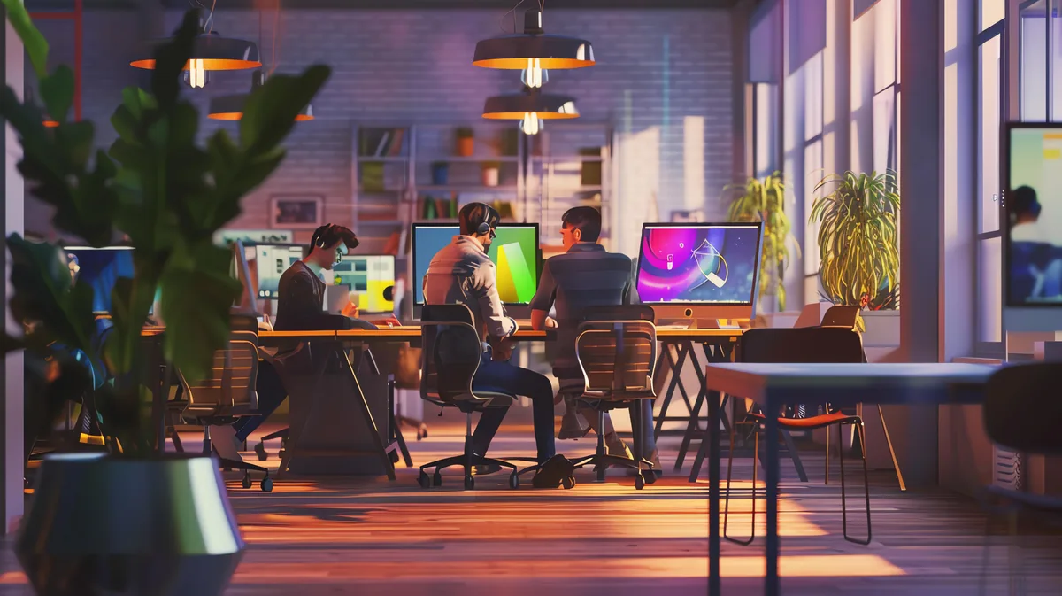 A small web studio workspace with desks and computers