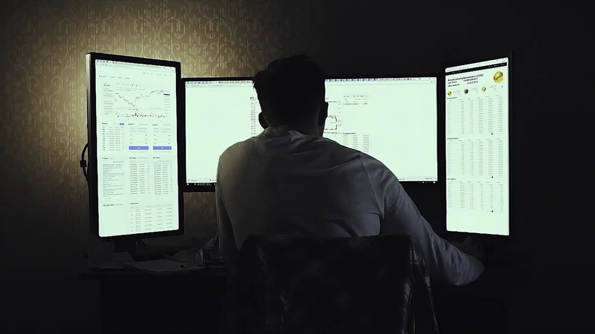 A developer writing code across multiple monitors
