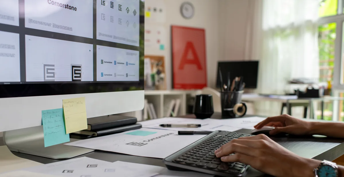 A designer working on a website layout on a desktop screen